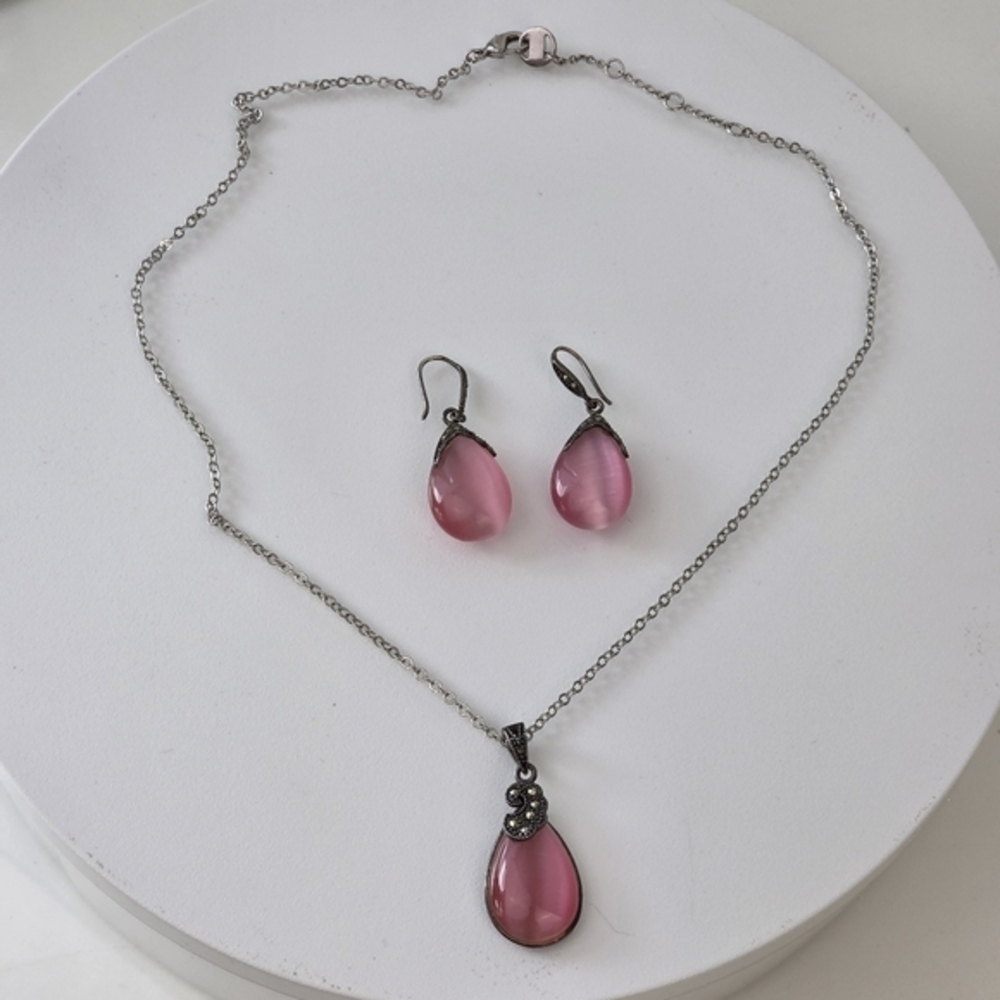 Sterling Silver Pink Gemstone Teardrop Pendant Necklace & Dangle Earrings Set